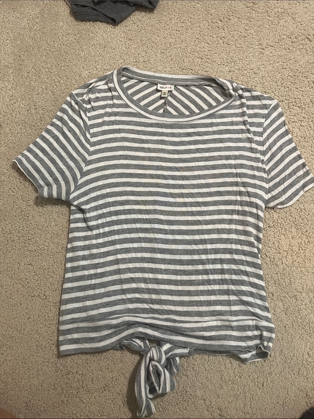 Striped Tie-Hem Tee in Gray & White - Casual Women's Top